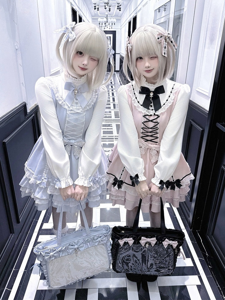 Jirai Pink Light Sweet Criss-Cross Dress Bodice Kei with Blue / Tiered Dreamy