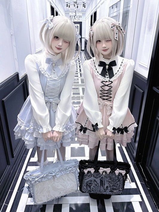 Jirai Pink Light Sweet Criss-Cross Dress Bodice Kei with Blue / Tiered Dreamy