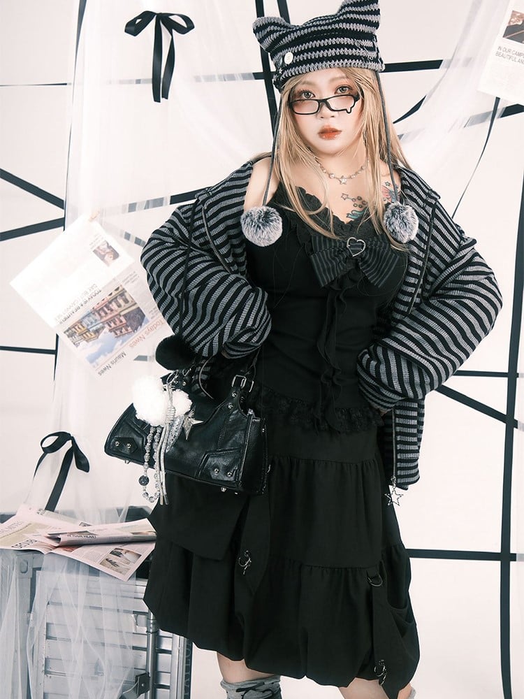 Plus with Striped Buckle Lace-trimmed Size Cascading Top Bow Ruffles Cami Black Heart