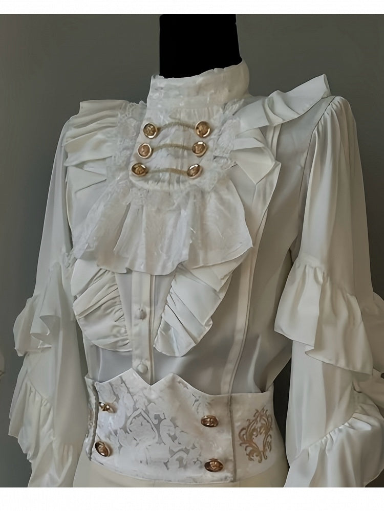 Ouji Lolita White Jabot with Gold Buttons and Lace Trim - Your Highness