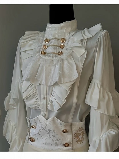 Ouji Lolita White Jabot with Gold Buttons and Lace Trim - Your Highness