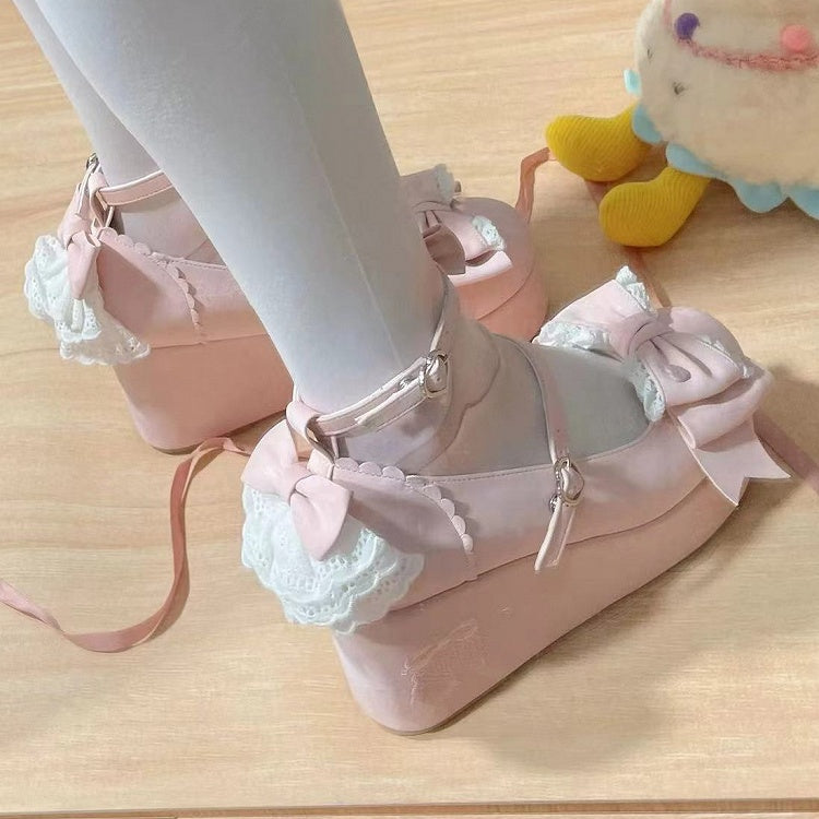 - Lace Layered Pink Back Satin Lolita Sweet Shoes Platform