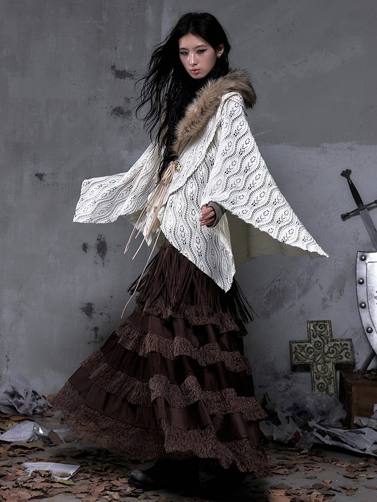 with Layered Trim Waist Ribbon Skirt Vintage Brown Lace Bohemian Suede Bead