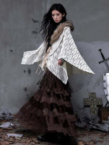 with Layered Trim Waist Ribbon Skirt Vintage Brown Lace Bohemian Suede Bead