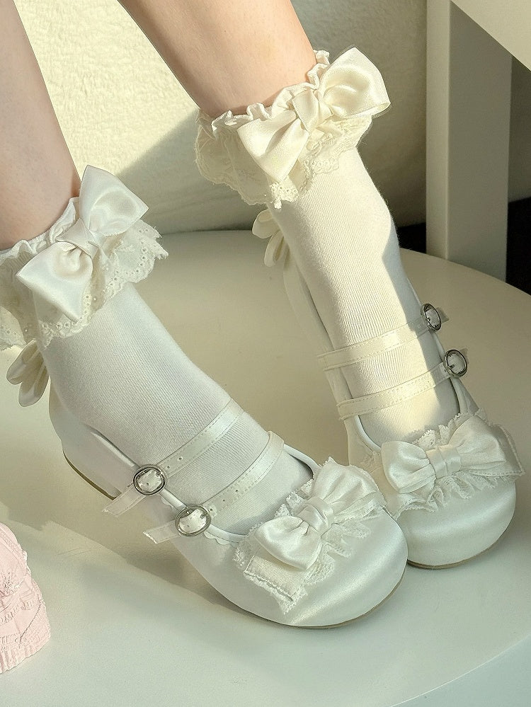 Sweet Janes Double mit Mary Satin-Finish Spitze Rüschen weiße Schleife PU Lolita Schnallen -