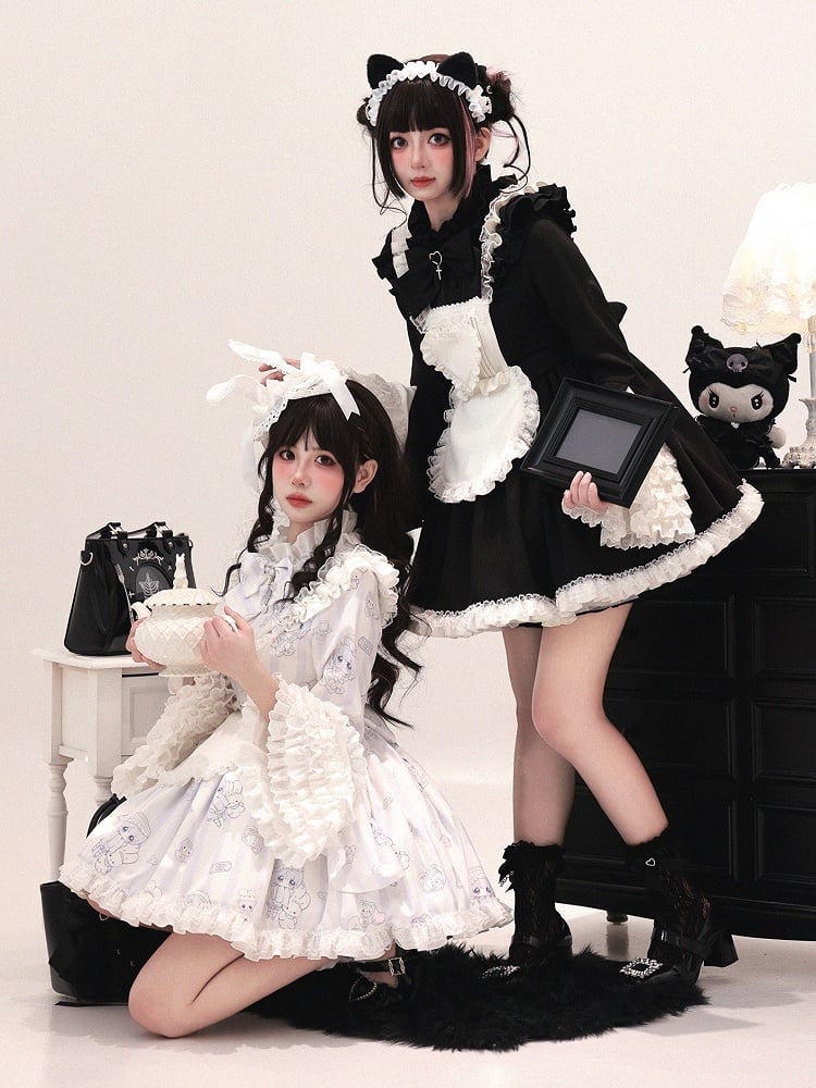 Jirai Kei Light Blue Printed Maid Ensemble - Tiered Bell Sleeve Dress with Detachable Apron & Matching Shorts