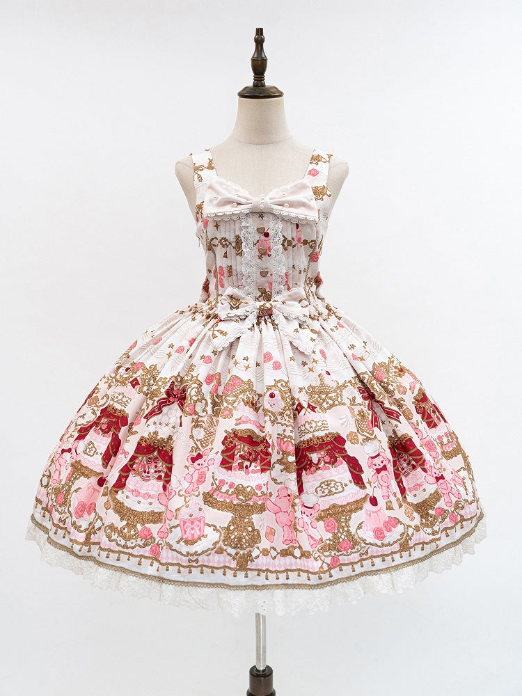 Bear Sweet Trim JSK Details Bow Dress Lace Cake Print Lolita Beige with and