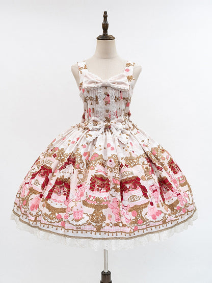 Bear Sweet Trim JSK Details Bow Dress Lace Cake Print Lolita Beige with and