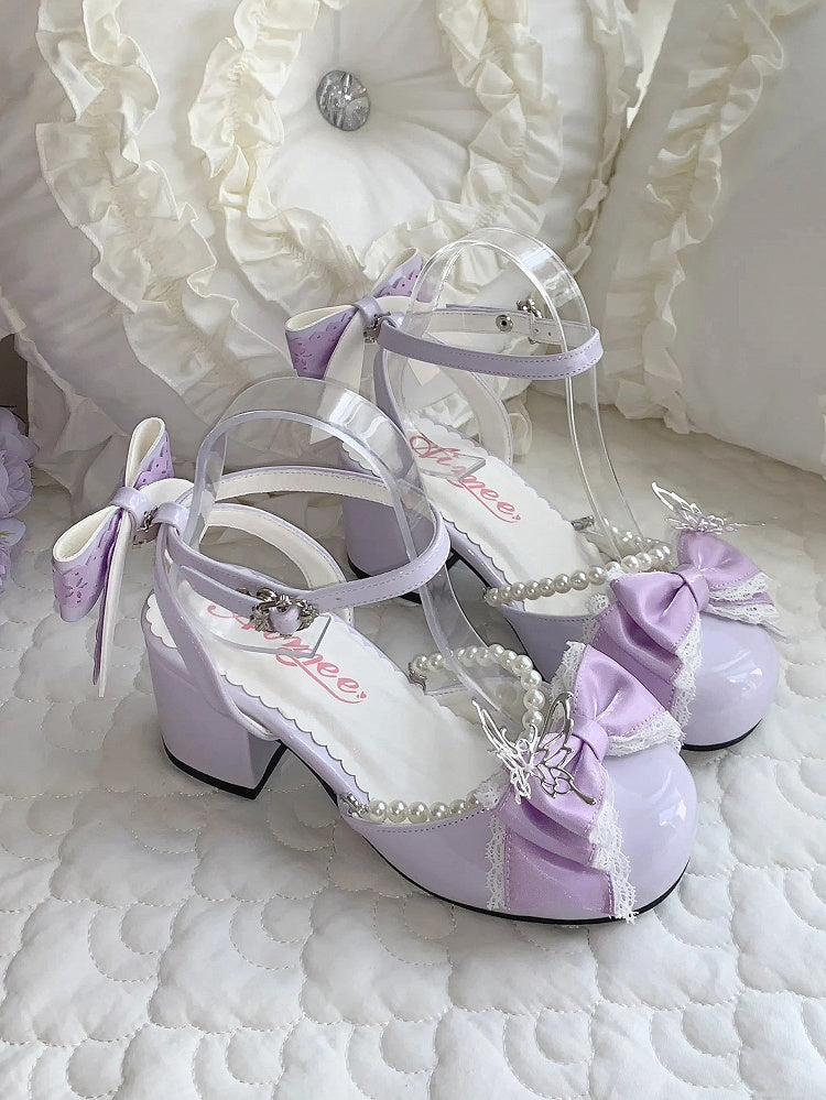 Mary Lolita Heels 6CM Accent Janes and Bow Chain Block Purple Bead Sweet Detachable