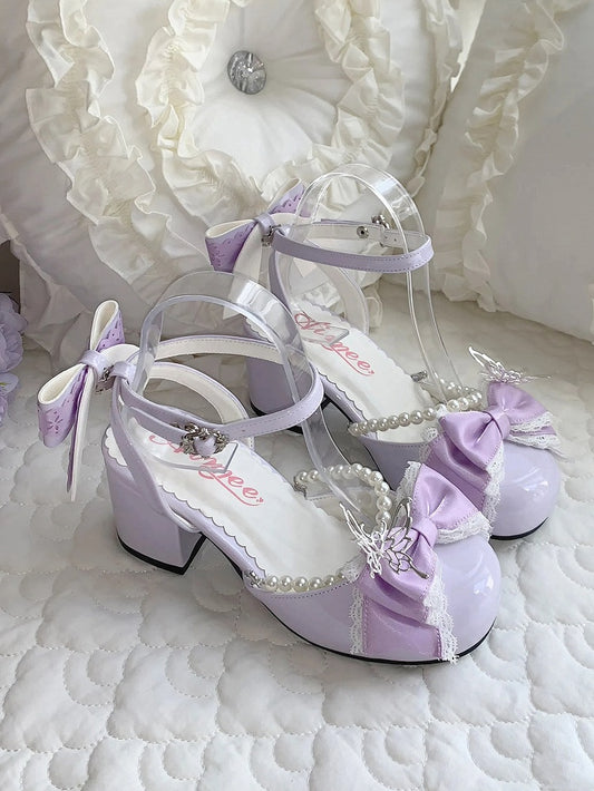 Mary Lolita Heels 6CM Accent Janes and Bow Chain Block Purple Bead Sweet Detachable