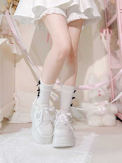 Buttercream White Kawaii Platform Lace-Up Edging Sneakers Classic - Ruffle
