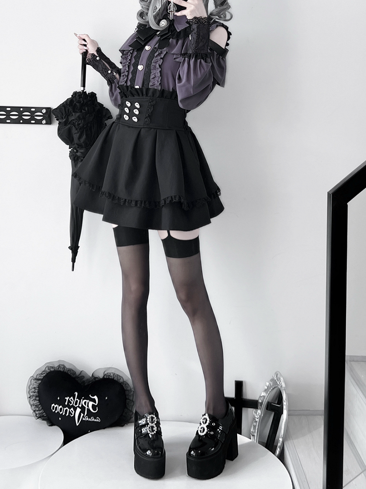 Purple Shoulder with Blouse: Dark Buckle Long Button Kei Heart Sleeve Jirai Front Cutout