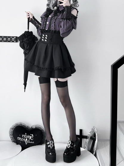 Purple Shoulder with Blouse: Dark Buckle Long Button Kei Heart Sleeve Jirai Front Cutout