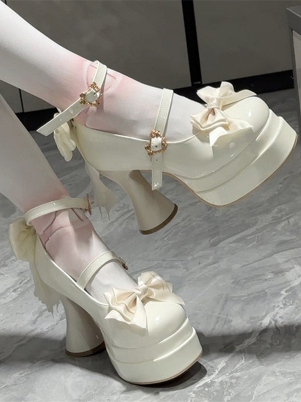 with Platform Heels Accents Bow Sweet Lolita Round-Toe High White