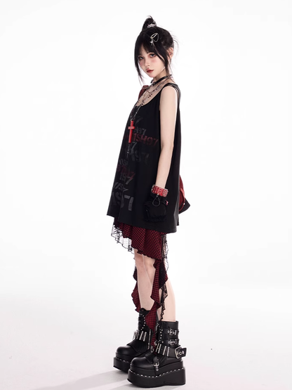 ブラック スクープネックライン レタープリント ヴィンテージ ルーズタンクトップ