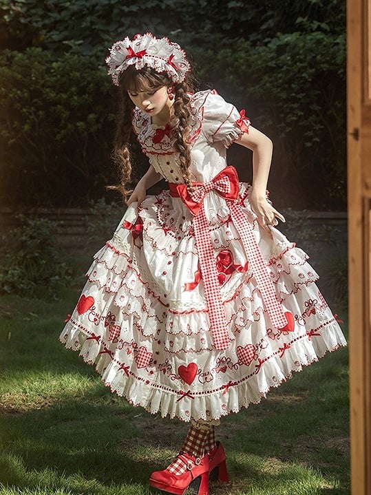 and Lolita Ruffles Applique Sweet White Dress Red Sweetheart with Bows