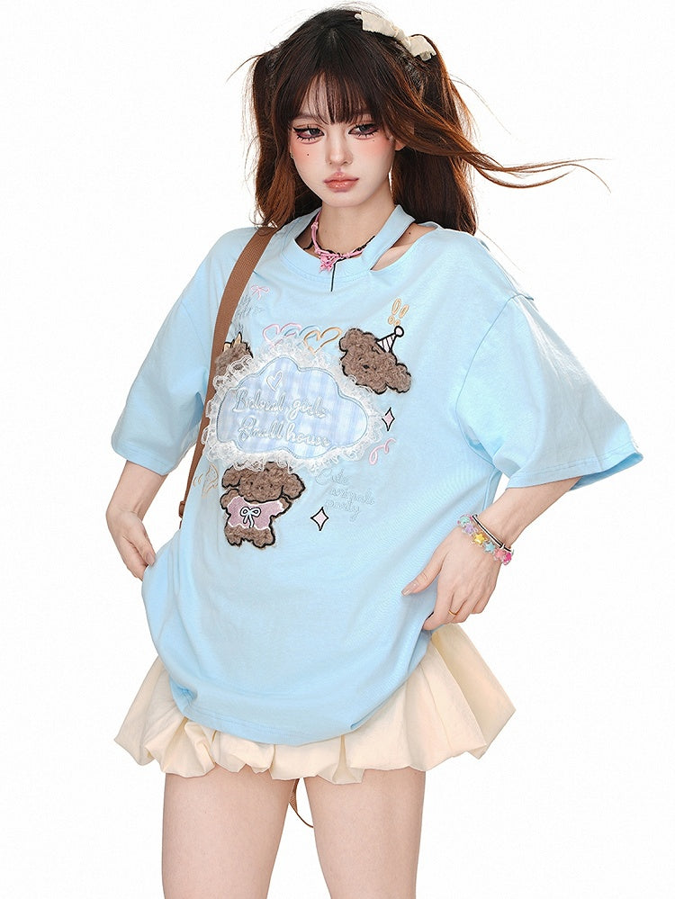 Blue/Apricot Cute Puppy Appliques Cutout Detail Summer T-shirt