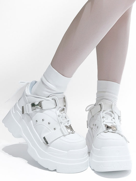 White Dual Platforms Techwear in Stud Matte Fastening Embellishments PU