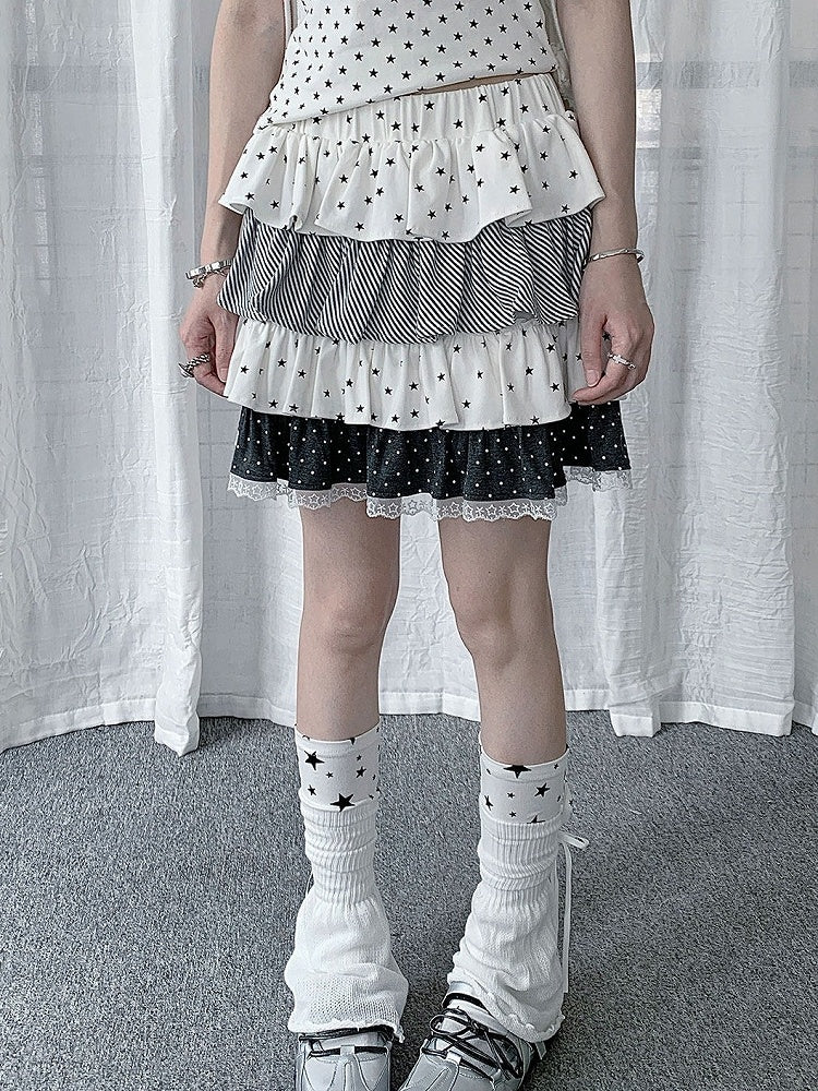 White Layered Ruffle Star Polka Dot Stripe Skirt - Solkatt