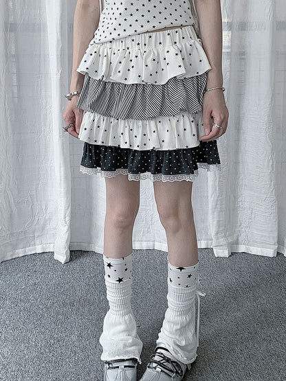 White Layered Ruffle Star Polka Dot Stripe Skirt - Solkatt