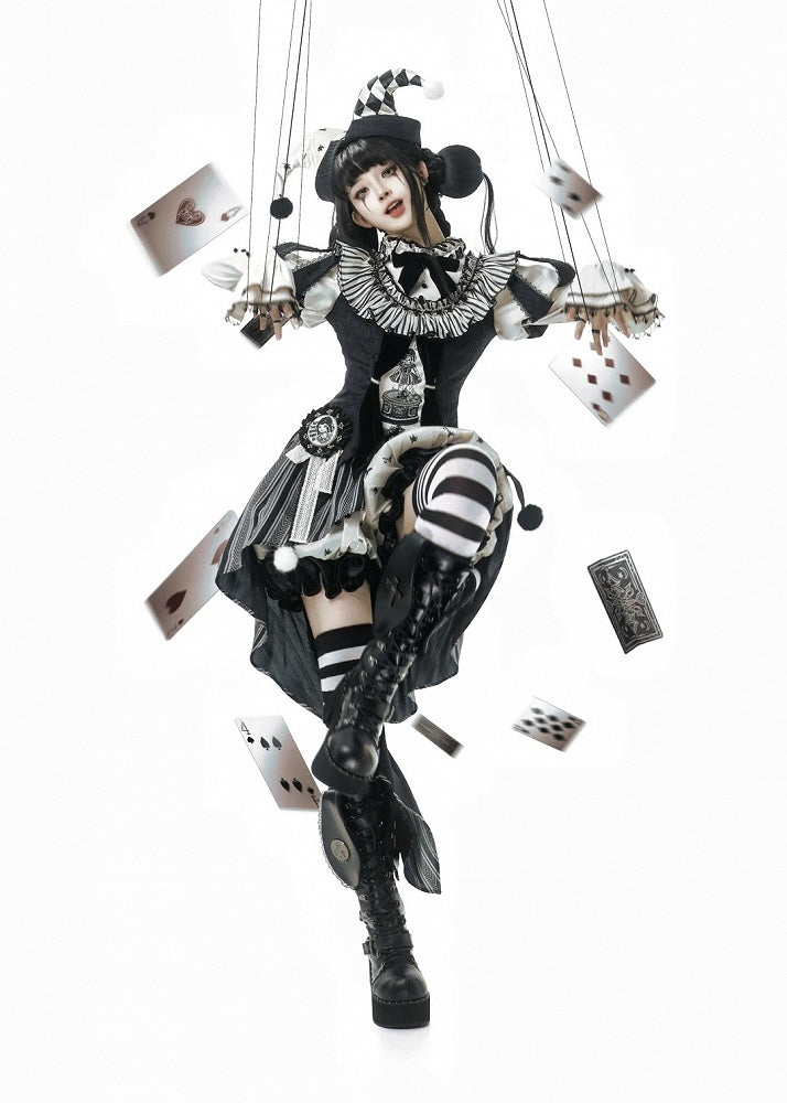 Sweet Accessories Top Skirt Clown Vibes White Sleeves Hi-lo and + Set- Black Puff Circus Full Lolita