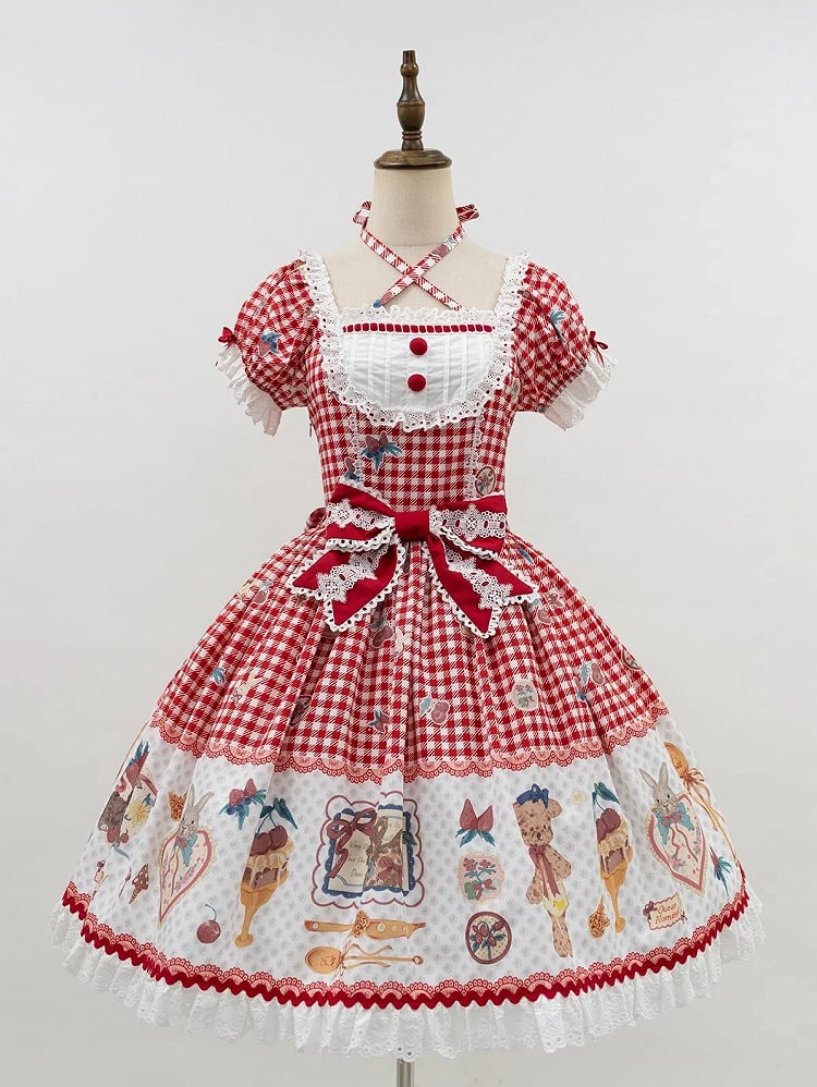 Süßes Lolita-Kleid mit rotem Teddy-Print, Dessert und Kirsch-Gingham