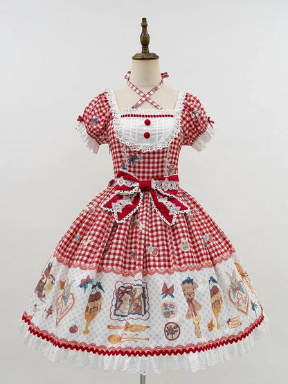 Süßes Lolita-Kleid mit rotem Teddy-Print, Dessert und Kirsch-Gingham