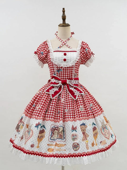 Teddy Red Print Sweet Dress Dessert and Cherry Gingham Lolita