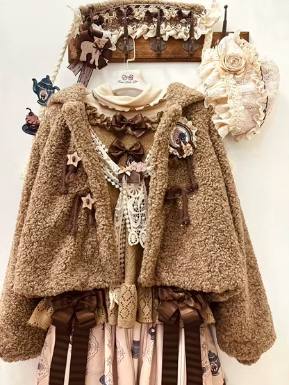 Brown Star-Accented Coat Toggles Sweet Plush with Drawstring Lolita