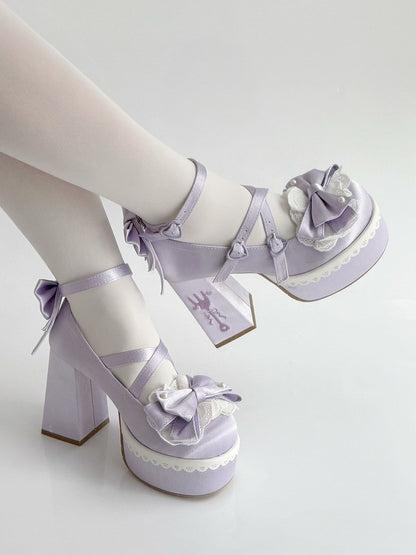 Platform Lace Straps Block Fork Buckle Heels Purple Bowknot Lolita Embroidery High