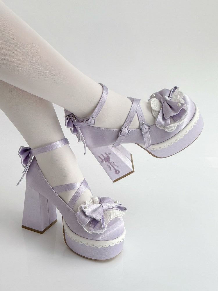 Heels Embroidery Lace Bowknot Block Purple High Platform Buckle Straps Fork Lolita