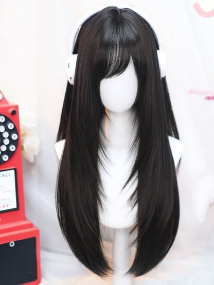 サイドスイープの黒バスト、ウィッグの下、茶/ブロンドの前髪、ストレート60-65CMの長さ