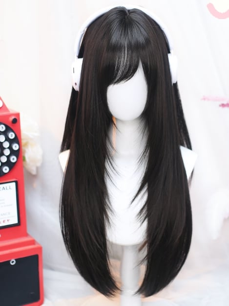 Seitlich geschwungene schwarze Unterperücke mit tee-/blondem Pony, glatt, 60–65 cm Länge, mit