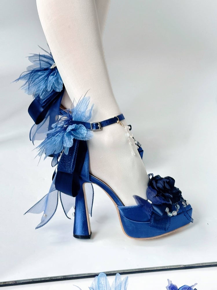 Dark Blue Pointed-Toe Platform Heels with Flower Embellishments - A Sky Rabbit