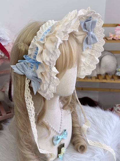 Bonnet Bowknot Blue Sweet Beige Lace Lolita