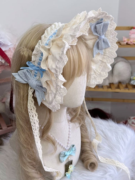 Bonnet Bowknot Blue Sweet Beige Lace Lolita
