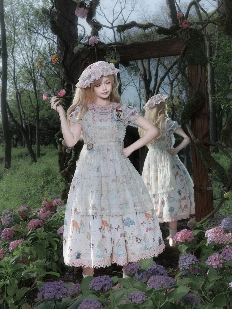 Rose Alice in Wonderland Print Round Neck Sweet Gown with Drawstring Waist - Forest Fairy Tales