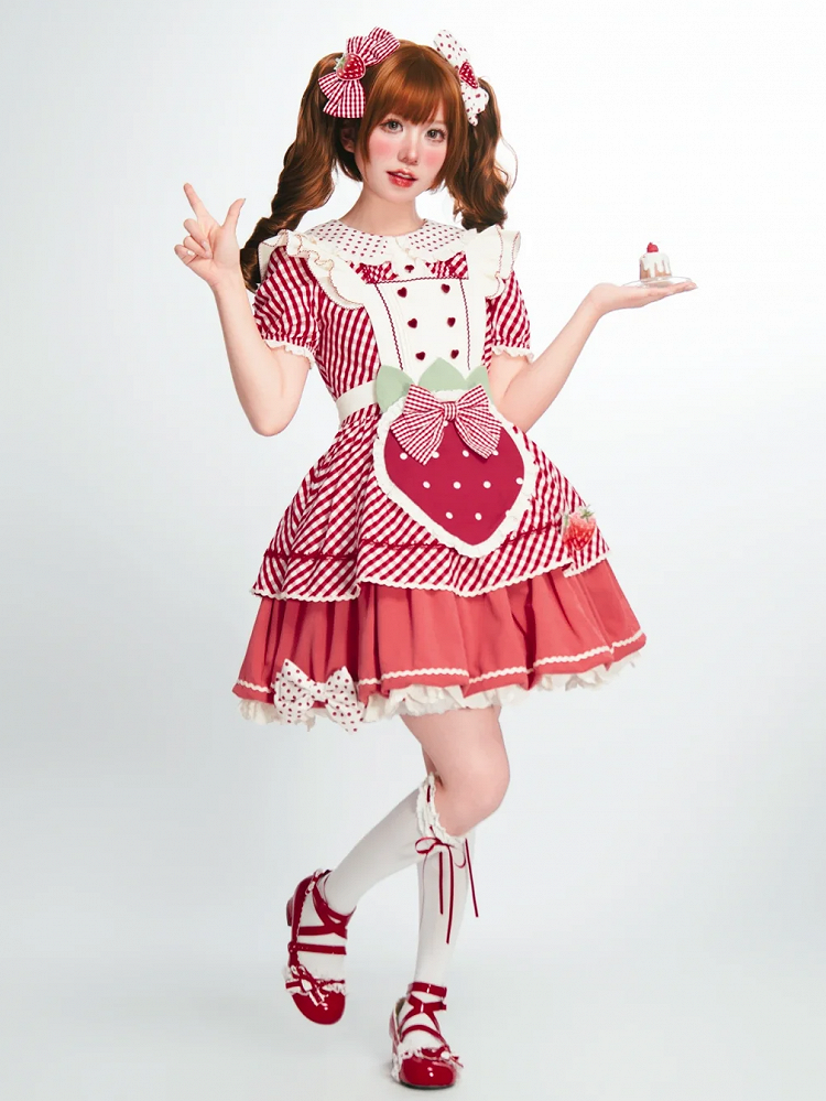 Kleid mit kariertem Lolita-Kragen, Peter-Muster, Erdbeer-Pfanne, süße rosa Schürze