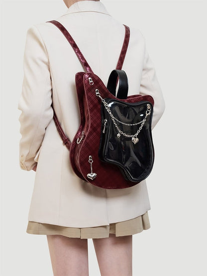 Chain Plaid Bag With Y2K Edgy Heart Ita Accents Guitar-Shaped Red 2-Way Black