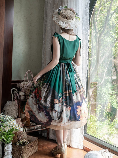 Dark Green Cat Oil Painting Print Elegant Lolita Maxi Dress with Cowl Neckline and Tie Straps