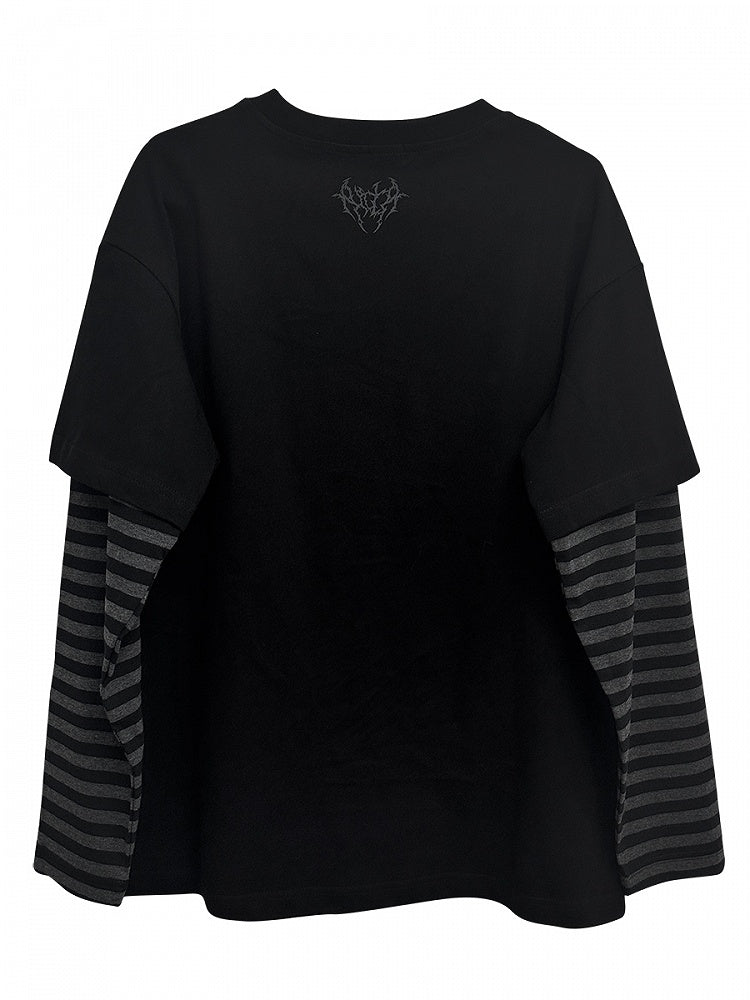 ブラック エモ パンク ガール ストライプ スリーブ グラフィック Tシャツ