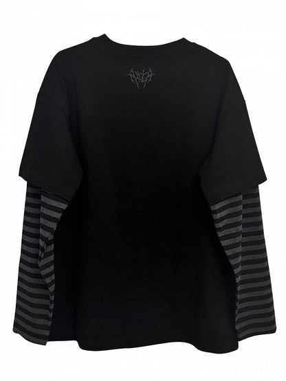 ブラック エモ パンク ガール ストライプ スリーブ グラフィック Tシャツ