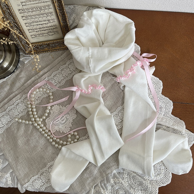 Vertical White with Strip Pattern Lace Bowknot Trim and Apricot/Pink/Blue Striped Tights