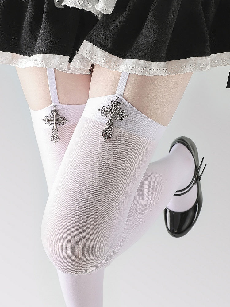 Cross Suspender Gothic Metal Style White/Black Stockings