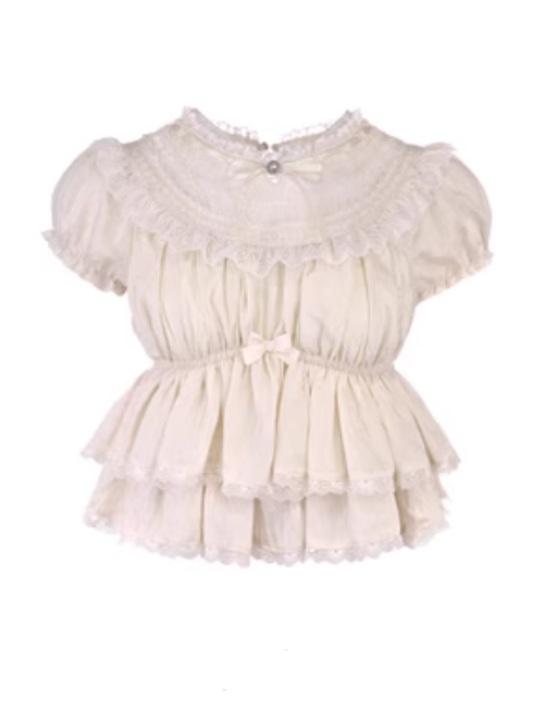 Top Trim Hem Apricot With Lace Sleeves Puff Peplum