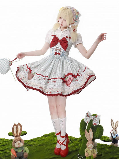 Kirschkleid Print Blau Lolita Süßer Pullover Rock Rot Gingham