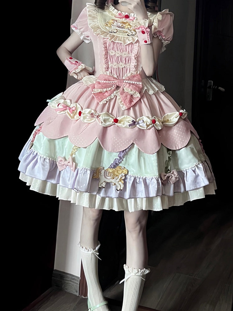 Cute Round Neck Bow Ruffle Dress with 3D Horse Embroidery in Pink & Purple - Sweet Dream Box