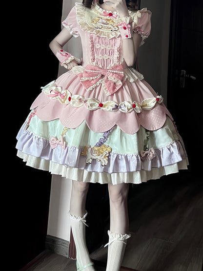 Cute Round Neck Bow Ruffle Dress with 3D Horse Embroidery in Pink & Purple - Sweet Dream Box
