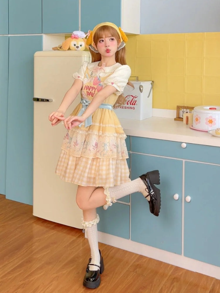 Erdbeerkuchen Stickerei Süßer Rock Lolita Kleid Große Schleife Cremegelb Stufen