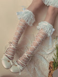Lolita Decoration White Calf Trim and with Pattern Bow Tulle Lace Strappy Socks 3-Layer